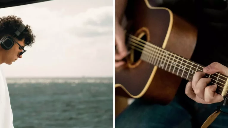 Osoba so slúchadlami pri mori a ruky hrajúce na akustickej gitare, vyjadrujúce spojenie hudby a prírody.