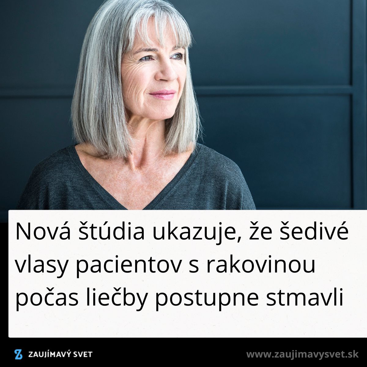 Staršia žena so šedými vlasmi vo svetri pozrie do diaľky, text o zmene farby vlasov pacientov počas liečby.