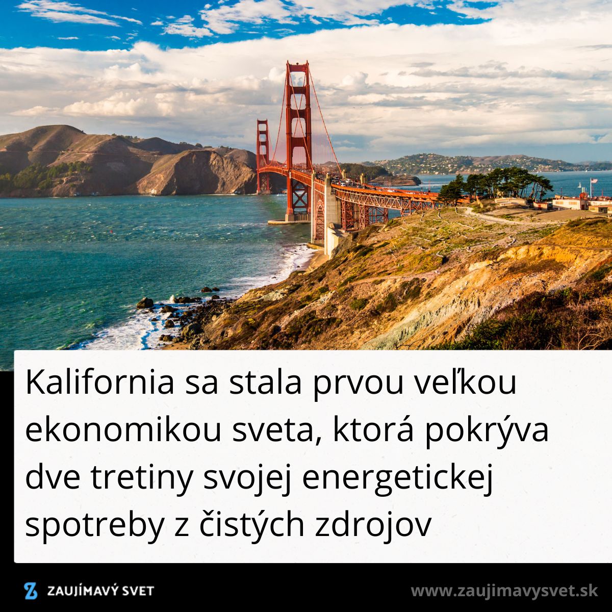 Golden Gate Bridge v San Franciscu pri modrom nebi a skalnatej krajine. Kalifornia vedie v čistej energii.
