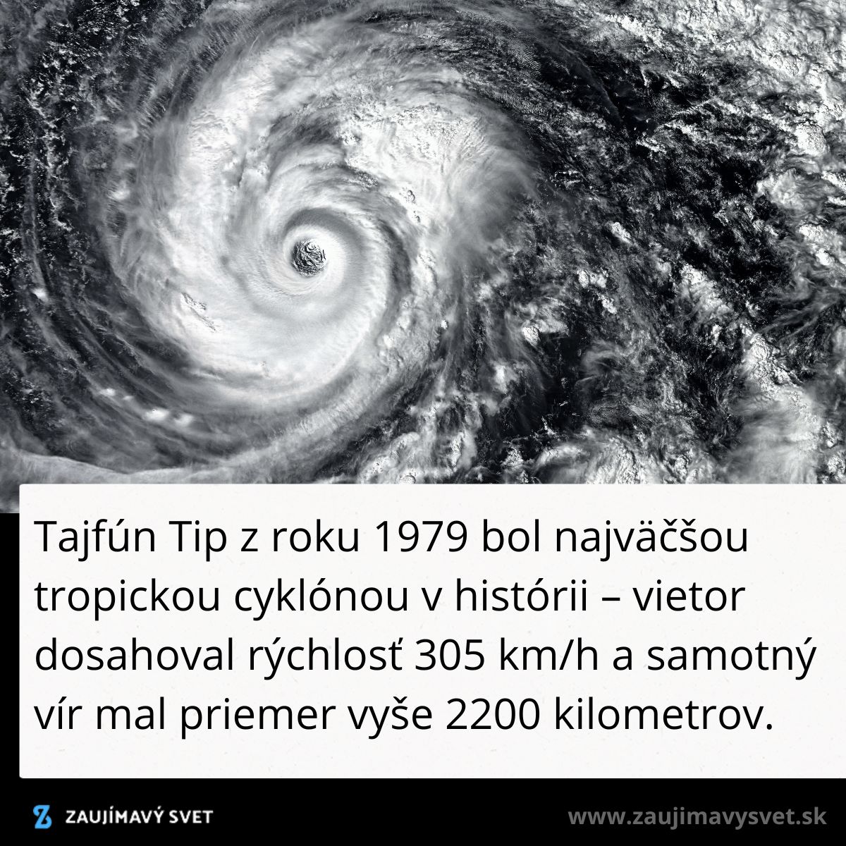 Satelitná snímka tajfúnu Tip z roku 1979, najväčšej tropickej cyklóny s rýchlosťou vetra 305 km/h a priemerom 2200 km.