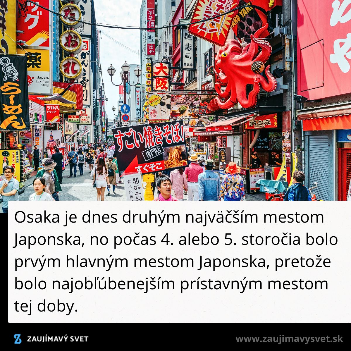 Ruch ulice v Osake, Japonsko, s farebnými reklamami a množstvom ľudí kráčajúcich po živých uliciach mesta.