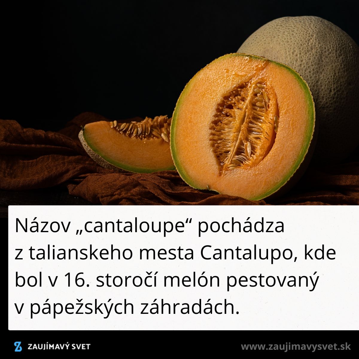 Melón cantaloupe na tmavom pozadí, text o histórii názvu z mesta Cantalupo, Taliansko.