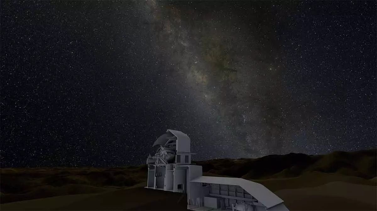 Observatórium pod hviezdnou oblohou Galaxie Mliečnej dráhy v noci.