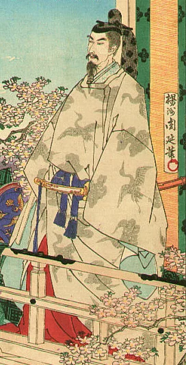 Historická japonská ilustrácia muža v tradičnom kimone, obklopeného kvitnúcimi sakurami na drevenom moste.