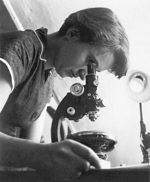 Vedkyňa skúma vzorku cez mikroskop v laboratóriu. Intenzívne sa sústredí na vedecký výskum a experiment.