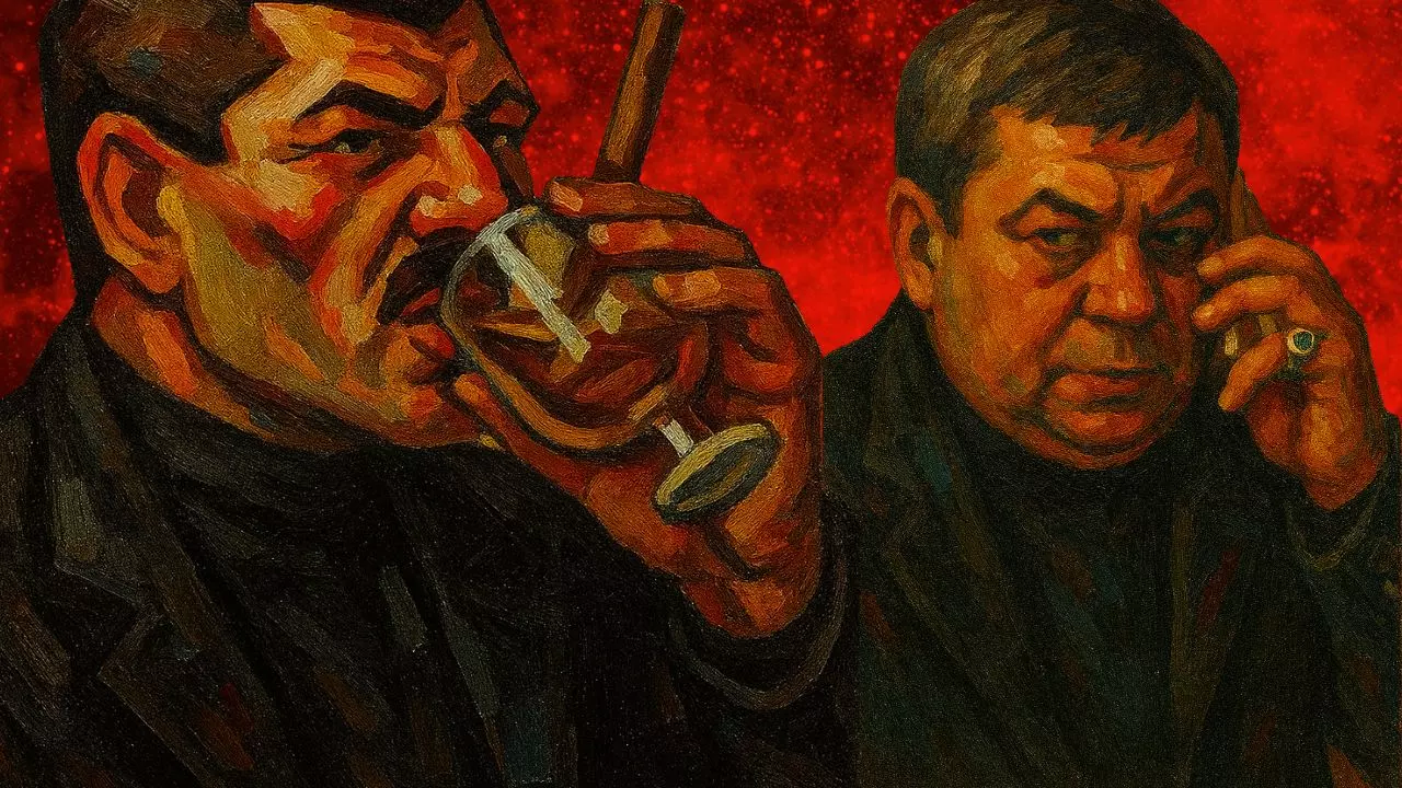 Olejomaľba dvoch mužov na červenom pozadí, jeden s pohárom a druhý s telefónom, zobrazuje napätú scénu ruskej mafie