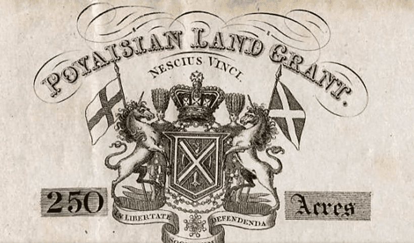 Poyaisian Land Grant s erbom a nápisom „250 Acres“. Historický dokument ilustrujúci podvodnú pôdu.