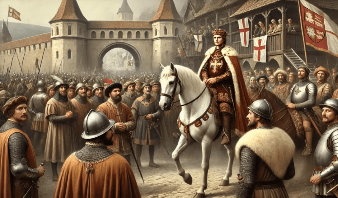 Historická scéna: Kráľ na koni vedie armádu na námestí pred hradbami mesta.