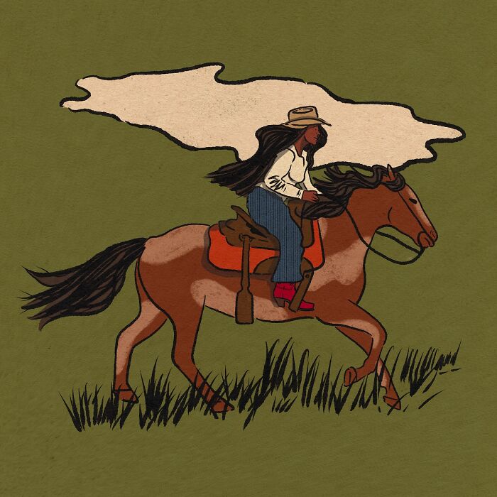 Ilustrácia kovbojky na koni v klobúku, ktoré beží cez trávu.