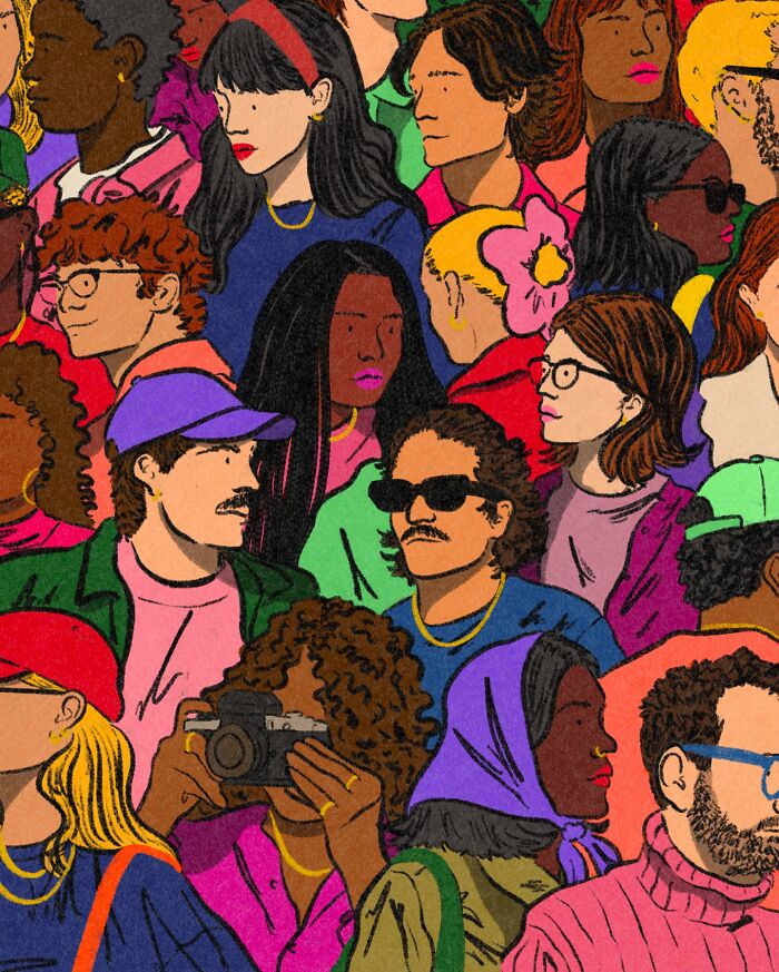 Ilustrácia davu ľudí v rôznorodých oblečeniach a štýloch, niektorí s doplnkami ako okuliare či čiapky.
