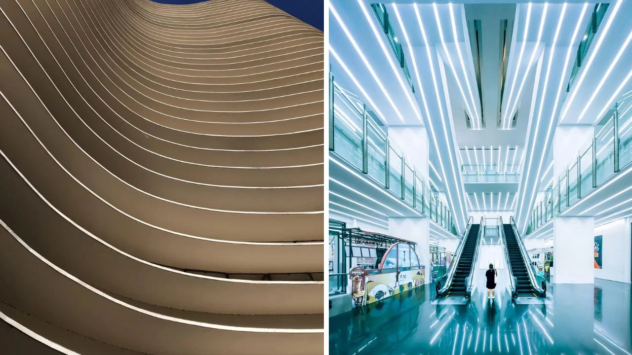 Moderná architektúra: zakrivená fasáda a futuristický interiér s osvetlením a eskalátormi.