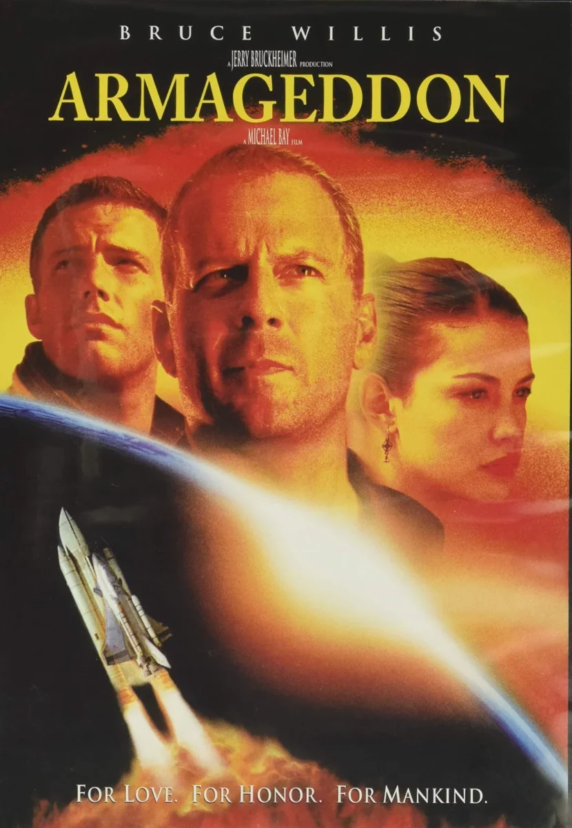 Film Armageddon: hrdinovia v nebezpečnej misii odvrátenia katastrofy; vesmírna loď štartuje s planétou v pozadí.