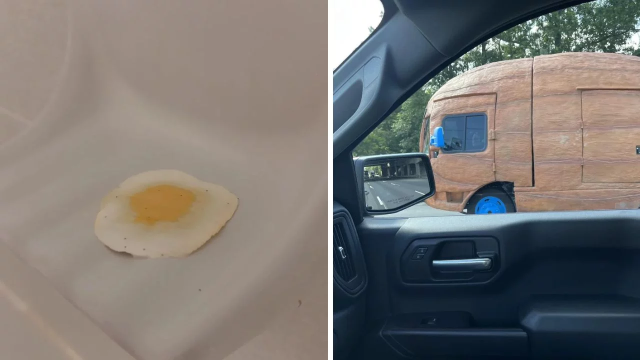 Naľavo je vyprážané vajce na tanieri, napravo auto s dreveným dizajnom v premávke.