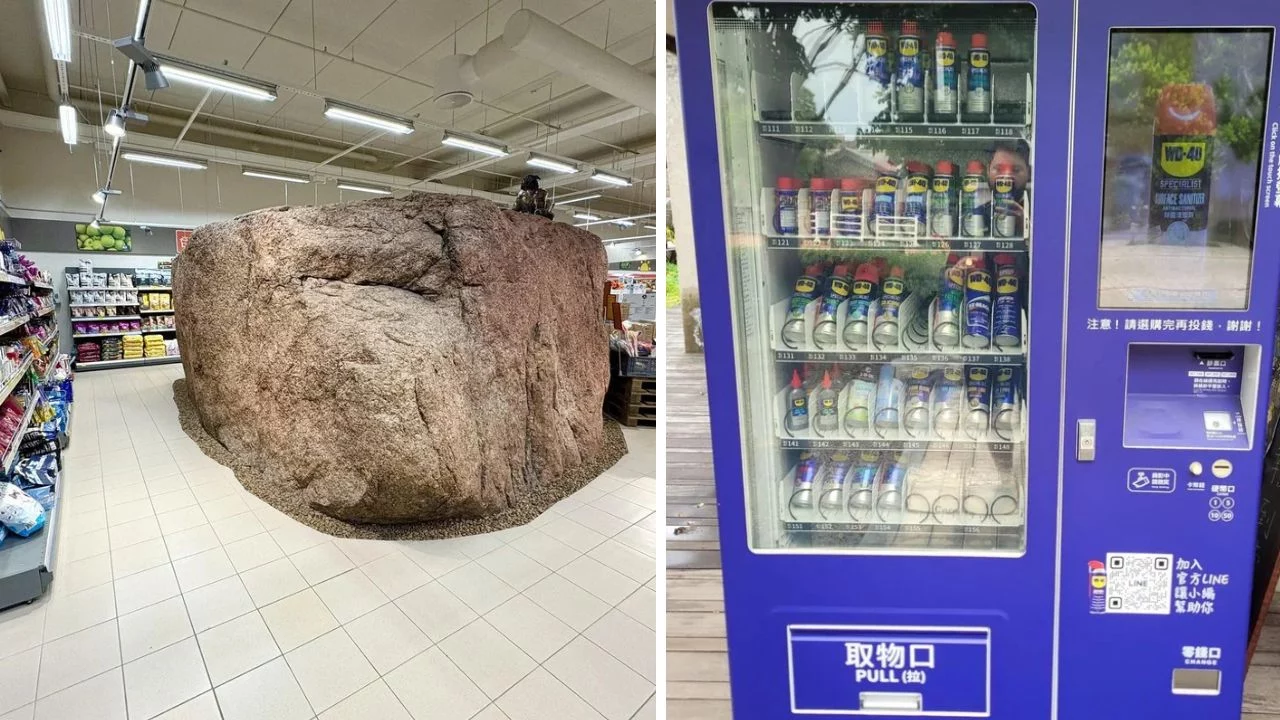 Obrovský kameň uprostred obchodu a automat na WD-40 produkty.