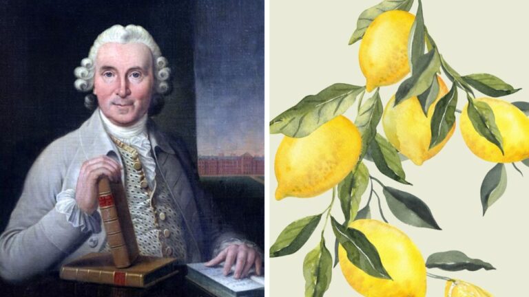 Portrét muža s knihou vedľa ilustrácie vetvy citrónovníka s plodmi a listami, historická a botanická téma.