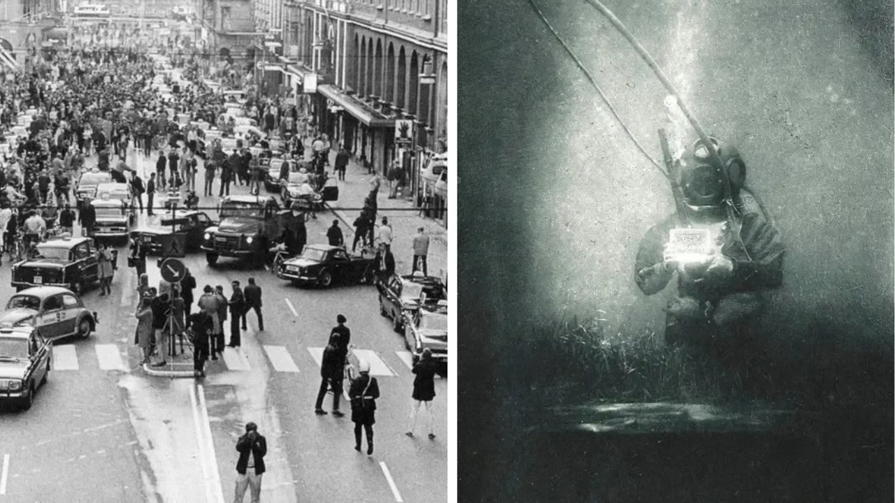 Ľudia a vozidlá na rušnej ulici, druhý obrázok: potápač s prístrojom vo vode. Historická fotografia.