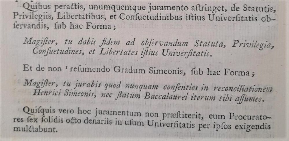 Stredoveký latinský text univerzitnej prísahy týkajúci sa dodržiavania pravidiel a povinností magistra.