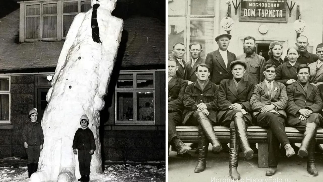 Naľavo vysoký snehuliak s dvomi deťmi, napravo skupina ľudí pred budovou s nápisom Дом туриста.