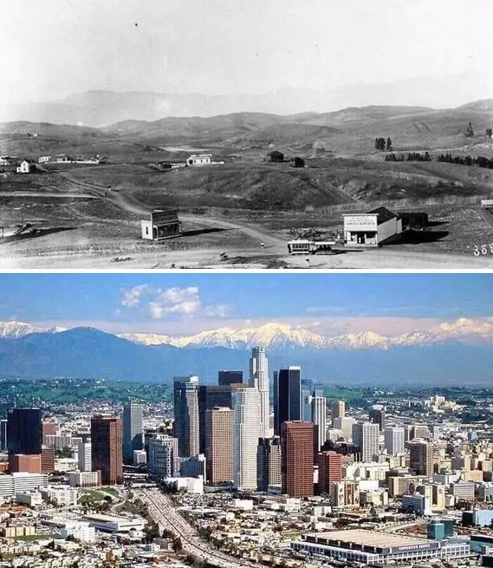 Historická a moderná panoráma mesta s horami v pozadí, ukazujúca jeho dramatickú urbanizáciu.