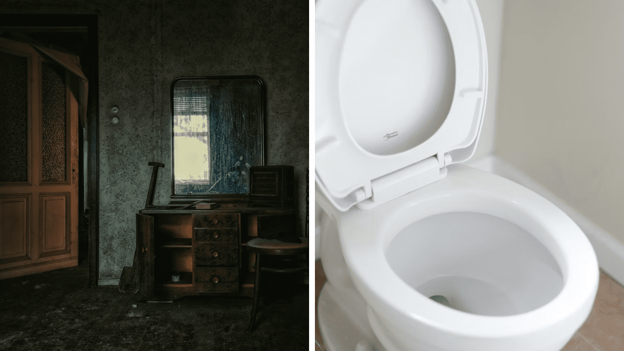 Opustená izba s retro nábytkom vedľa moderného bieleho WC.