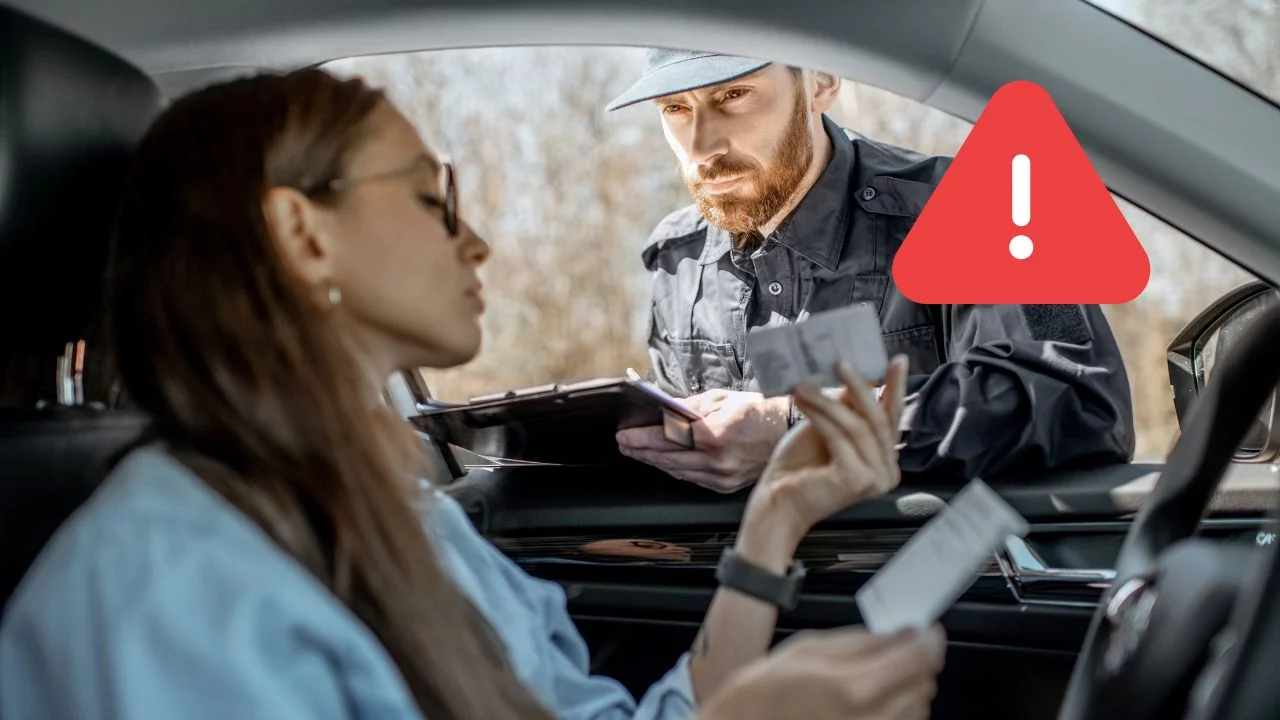 Nie je možné identifikovať obsah obrázka. Policajt kontroluje doklady vodičky vo vozidle, varovanie zvýšenia opatrnosti.