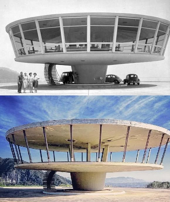 Modernistická budova s kruhovým dizajnom, zachytená v dvoch historických obdobiach.