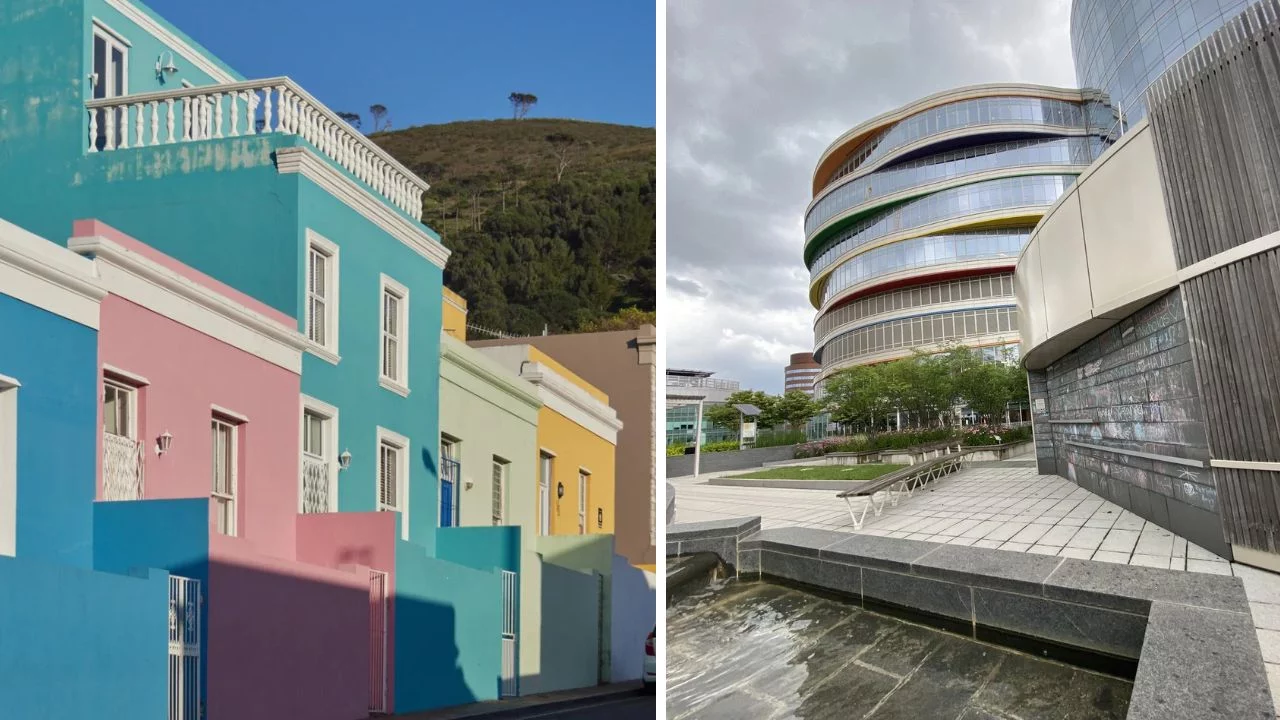 Farebné budovy v Kapskom Meste a moderná architektúra v Kodani zdôrazňujú kultúrne kontrasty miest.
