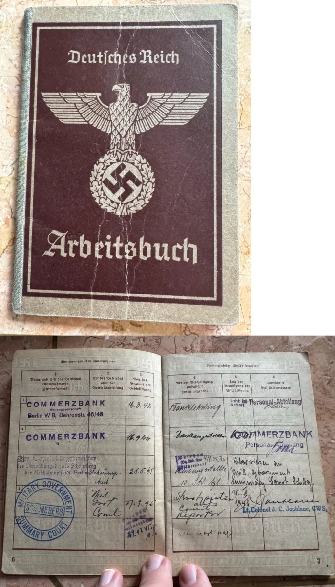 Staré pracovné dokumenty z Nemeckej ríše s pečiatkami a rukopisom, rok 1944–1945, otvoria okno do histórie.