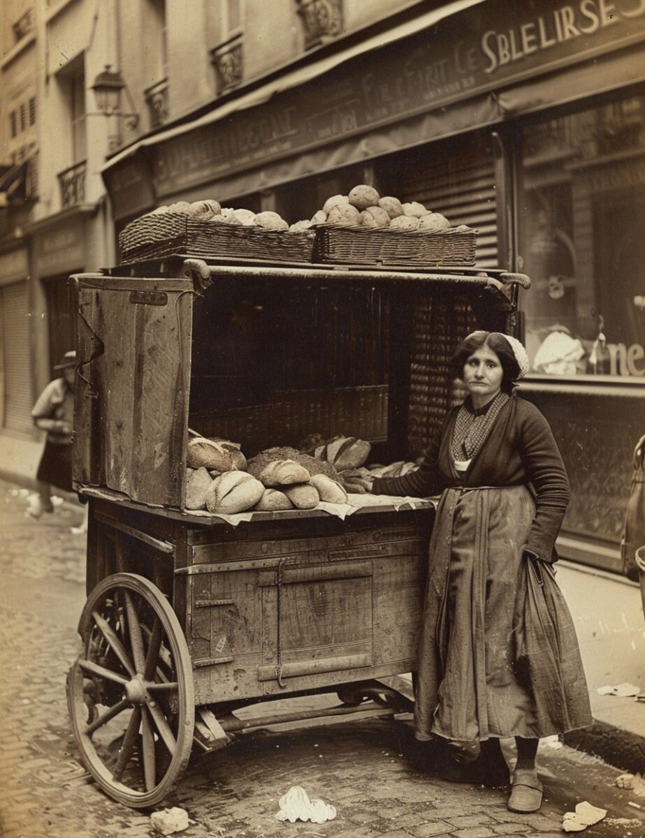 Žena predáva čerstvý chlieb z dreveného vozíka na ulici, historická fotografia z minulého storočia.