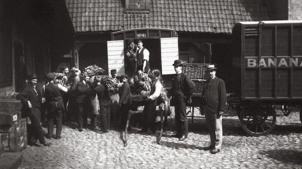 Ľudia nakladajú vozy banánmi na dláždenom dvore, historická fotografia v čiernobielom prevedení.