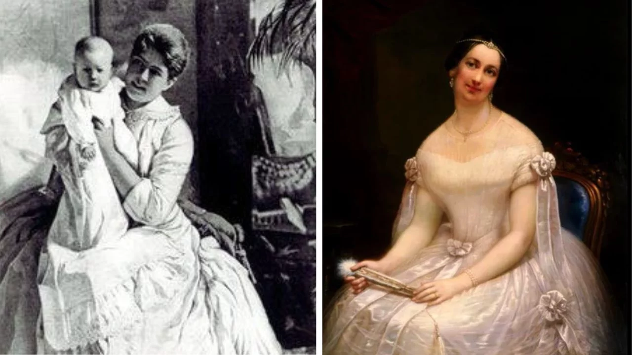 Čiernobiela fotka matky s dieťaťom a farebný portrét elegantnej dámy v historických šatách.