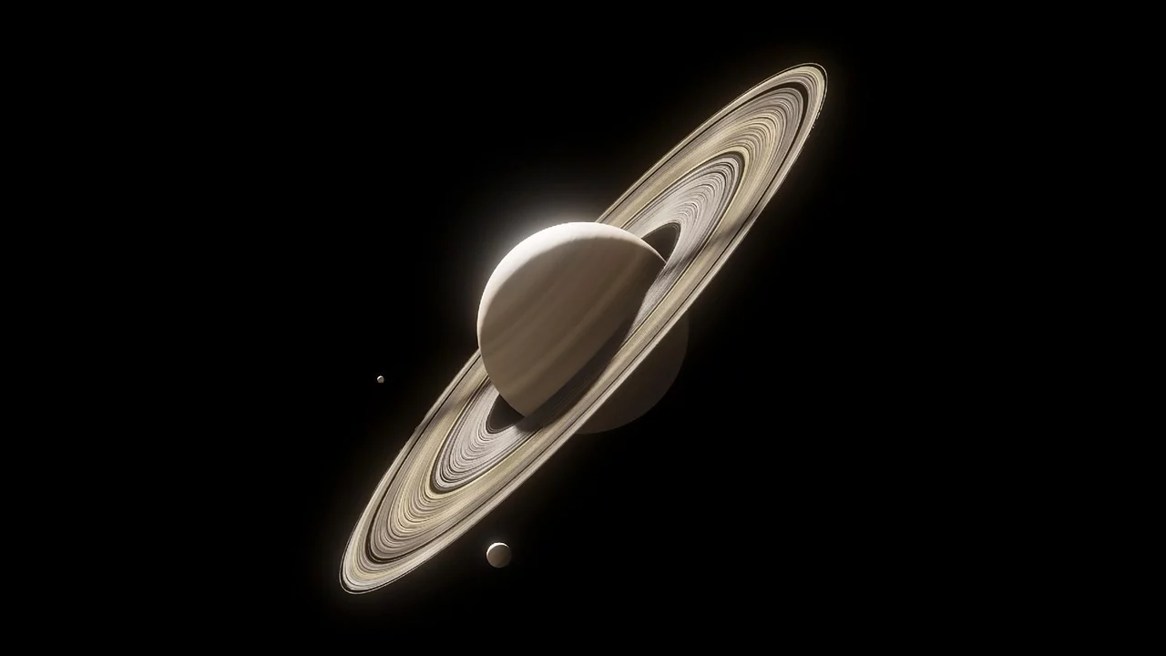 Saturn s viditeľnými prstencami a mesiacmi na tmavom kozmickom pozadí. Astronomický pohľad na plynného obra.