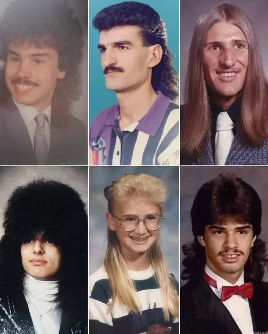 Vintage účesy zo 70. a 80. rokov s výraznými mulletmi a objemnou trvalou, retro móda.