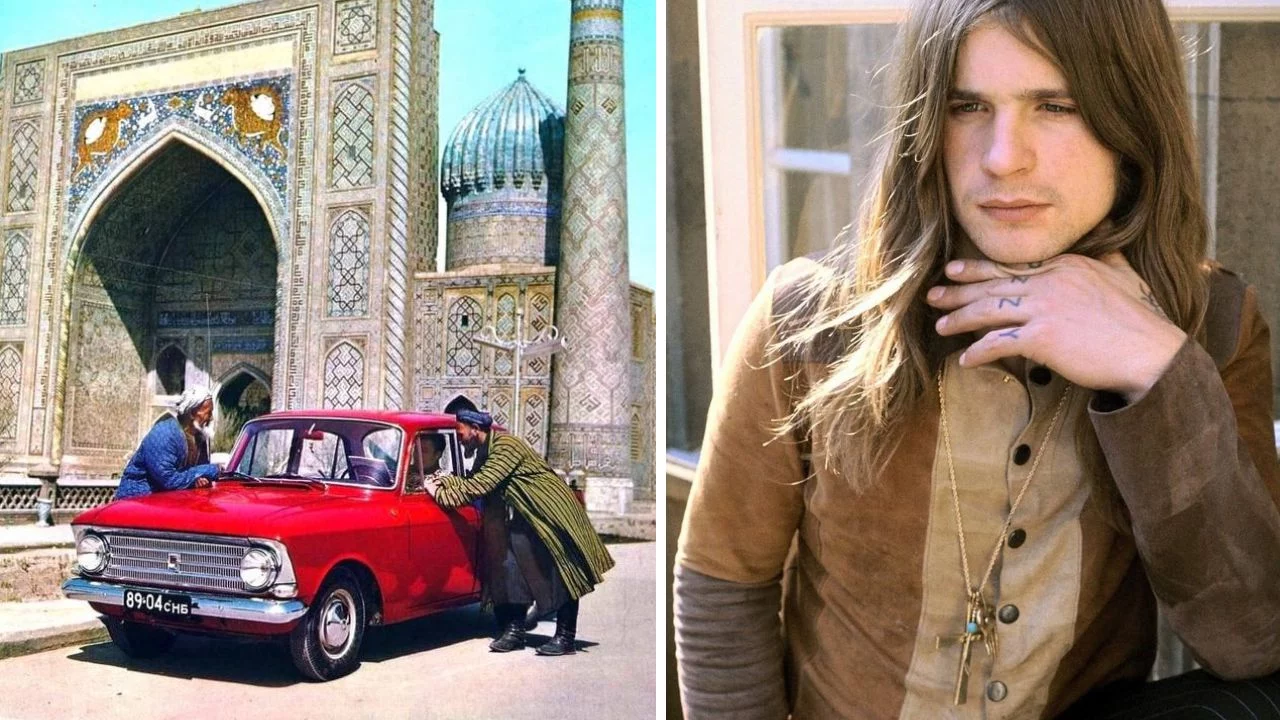 Nie som si istý, kto je na obrázku, ale popisujem ho: Červené auto pri historickej budove, muž s dlhými vlasmi pri okne.