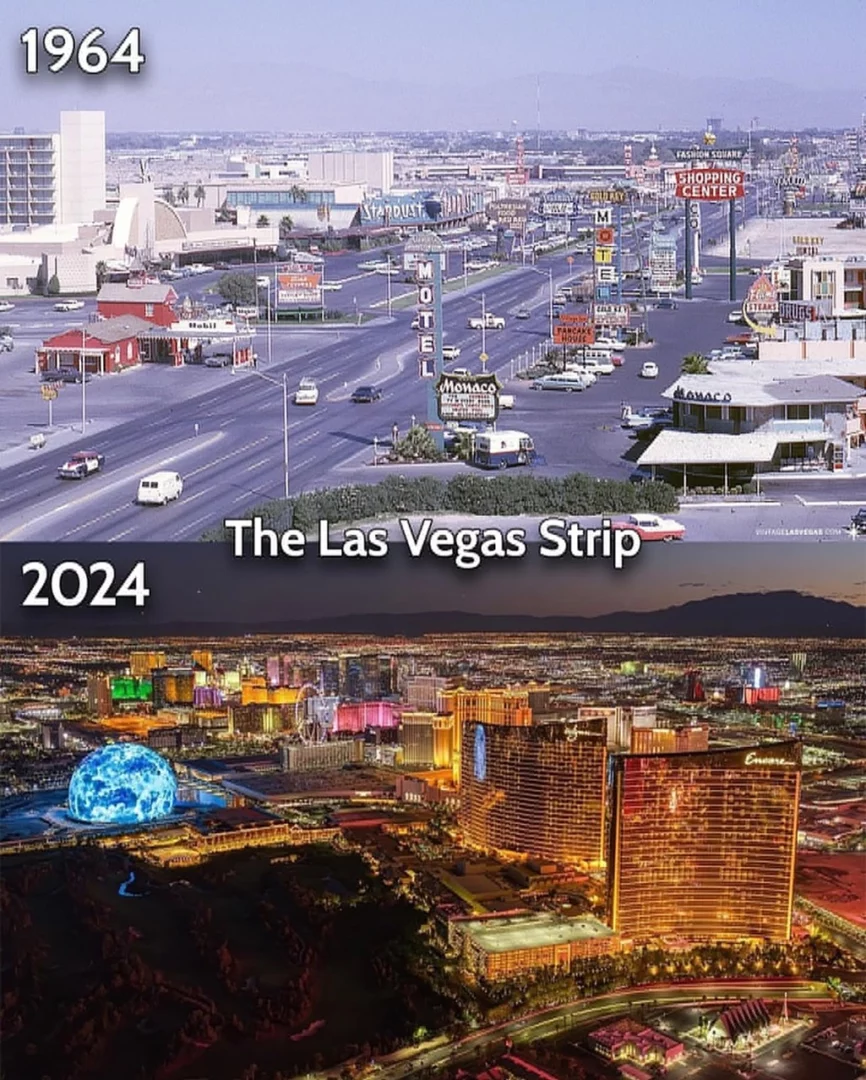Historické a súčasné pohľady na Las Vegas Strip, ukazujúce rozvoj oblasti od roku 1964 po 2024.