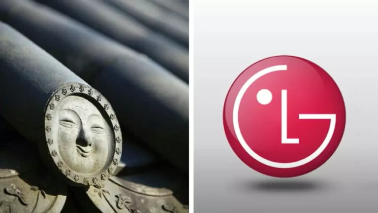 Kamenná reliéfna tvár na streche vedľa červeného loga LG na bielom pozadí.