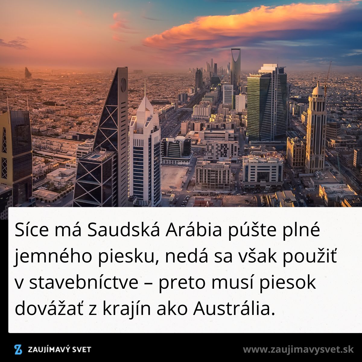 Pohľad na panorámu Rijádu pri západe slnka, kde Saudská Arábia importuje stavebný piesok.