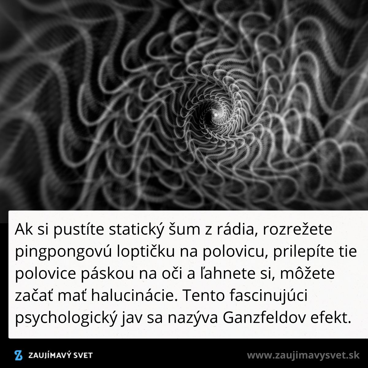 Čierno-biely abstraktný vír so zložitými vzorcami znázorňuje dávivý efekt halucinácií.