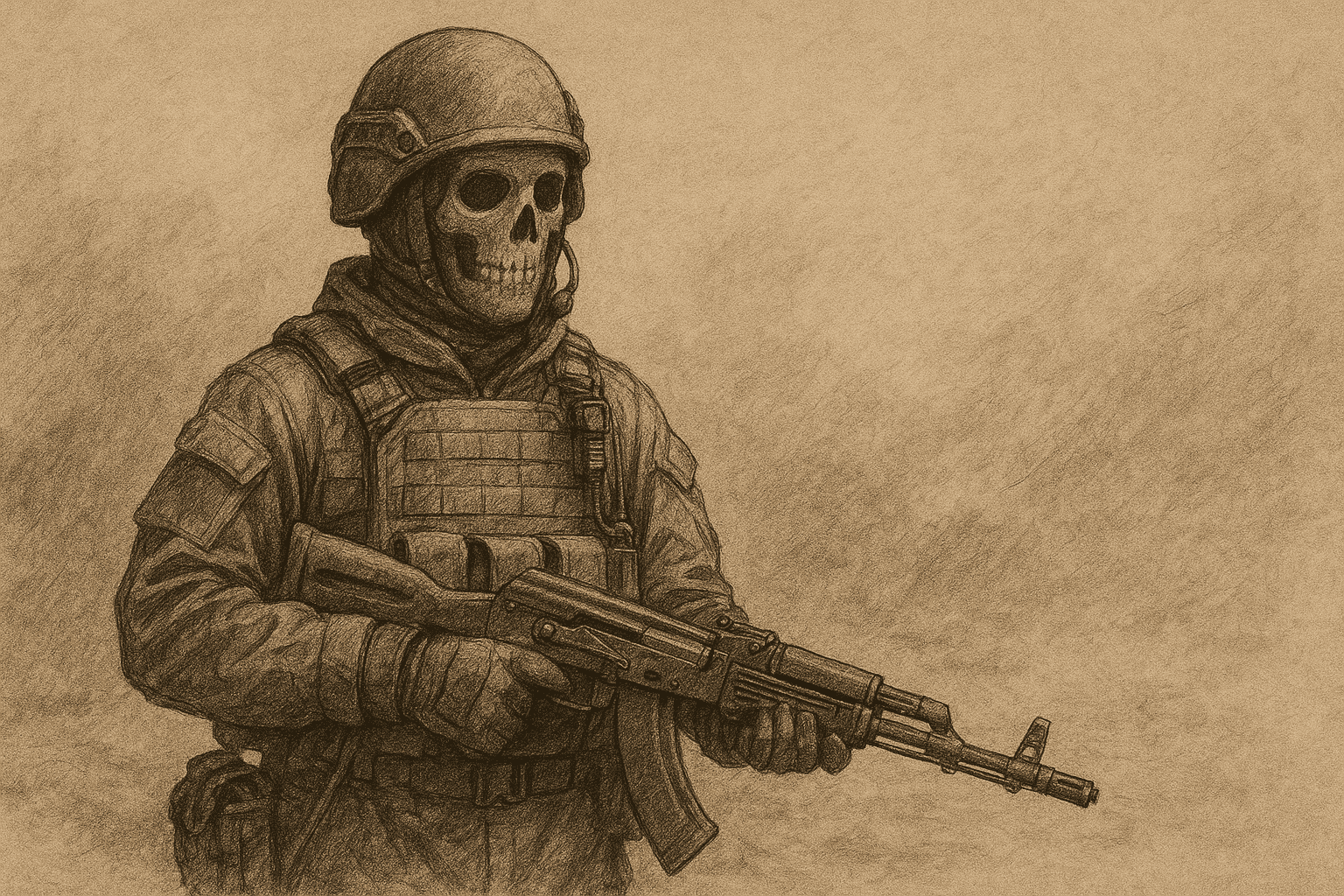 Ilustrácia vojaka  znázorňujúca Wagnerovcov v uniforme, s lebkovou helmou.
