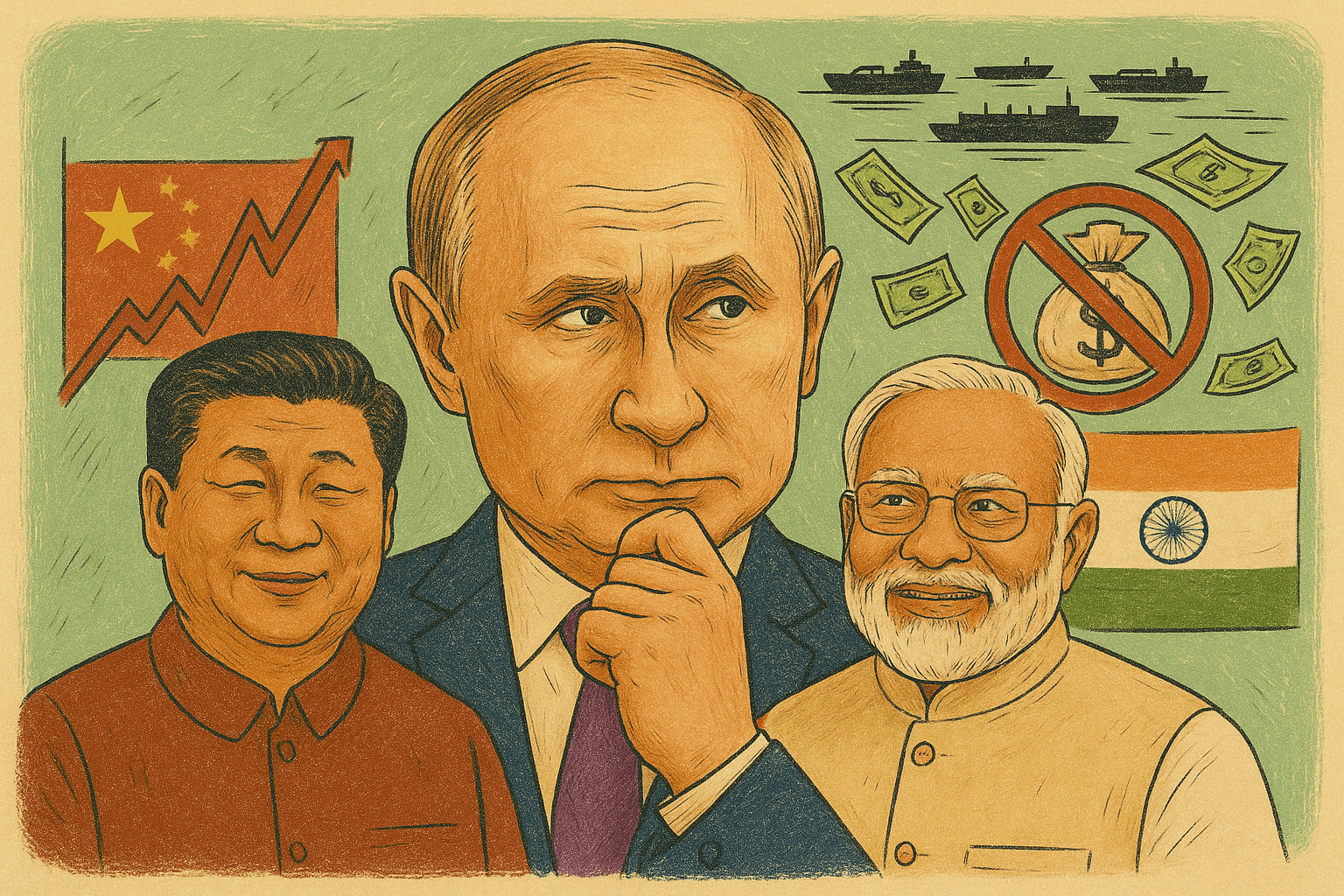 Putin, Si a Módi, doláre s krížom, grafy a lode.  Ilustrácia