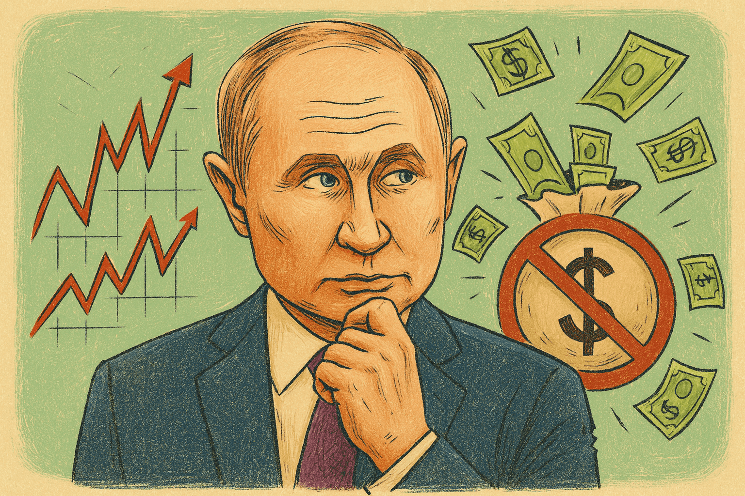 Ilustrácia Vladimíra Putina  premýšľajúceho o ekonomike s rastúcimi grafmi a symbolmi peňazí v pozadí.