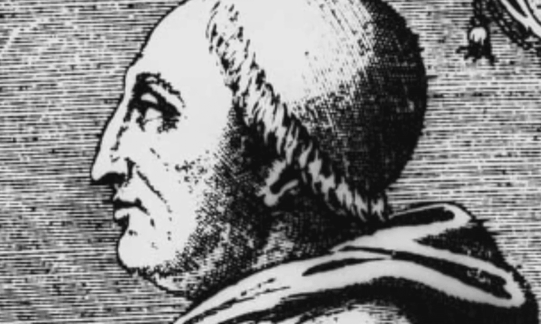 Starodávna kresba muža s rysmi mnícha, bočný pohľad, historický portrét.
