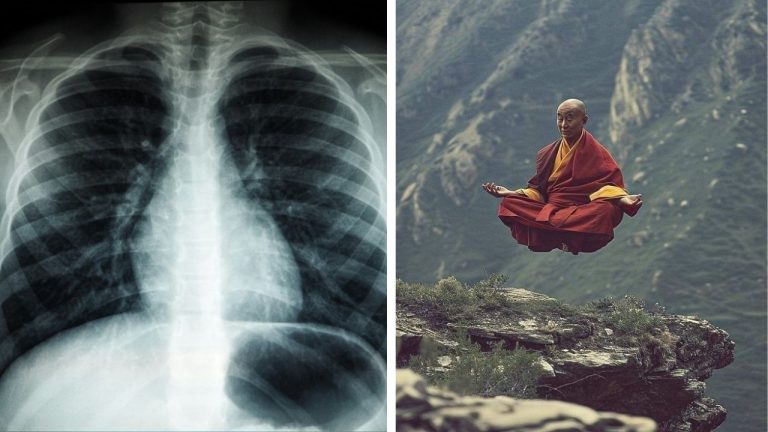 Rentgen hrudníka vedľa meditačného mnícha levitujúceho v horskej krajine.