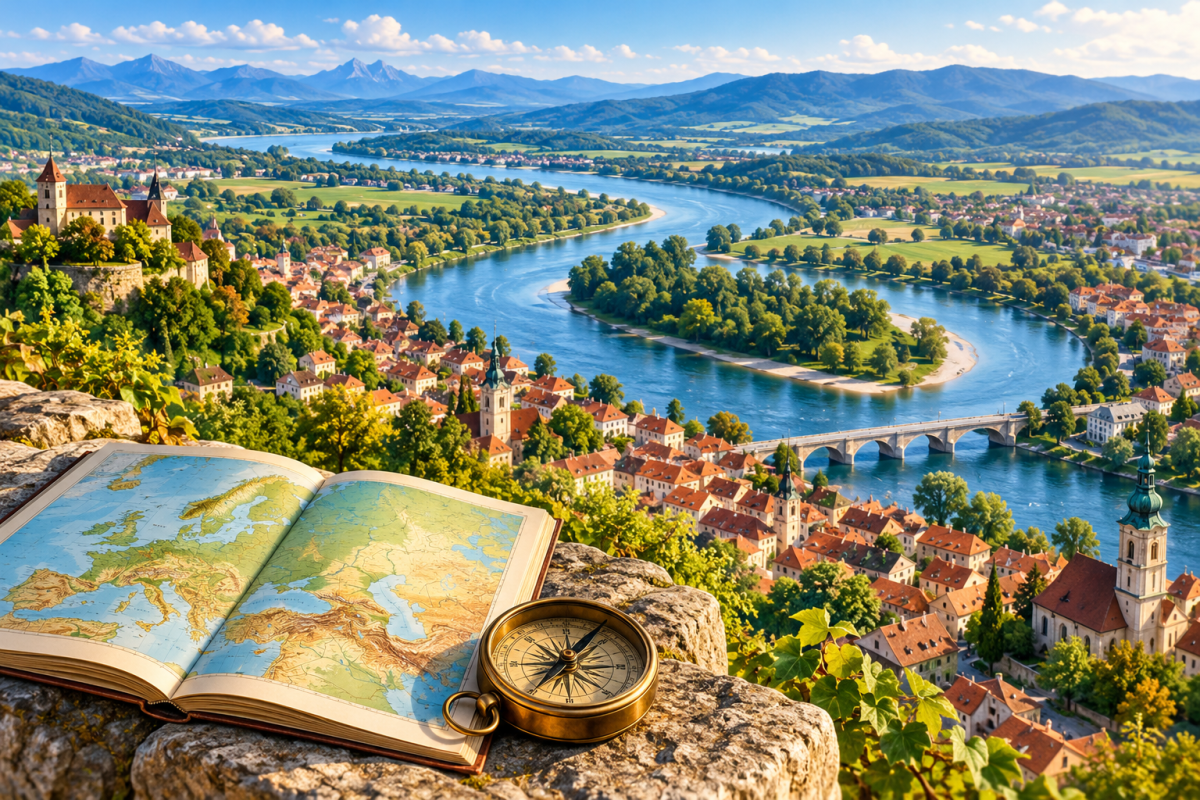 AI ilustrácia rieky, vymysleného európskeho mestečka, otvoreného atlasu a kompasu. Nezobrazuje konkrétne skutočné miesto.