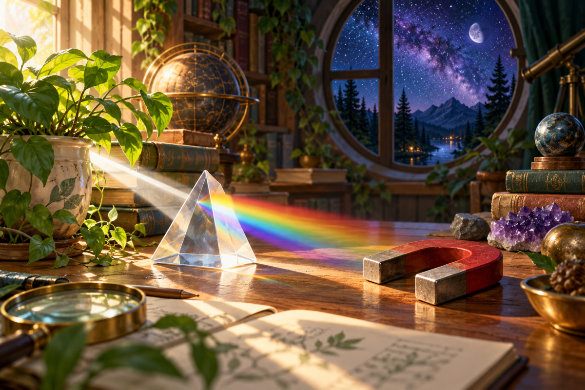 AI ilustrácia skleneného hranola, farebného svetelného lúča, magnetu a rastlín pri okne. Symbolický obraz vedy, nie odborná schéma ani identifikačná fotografia.